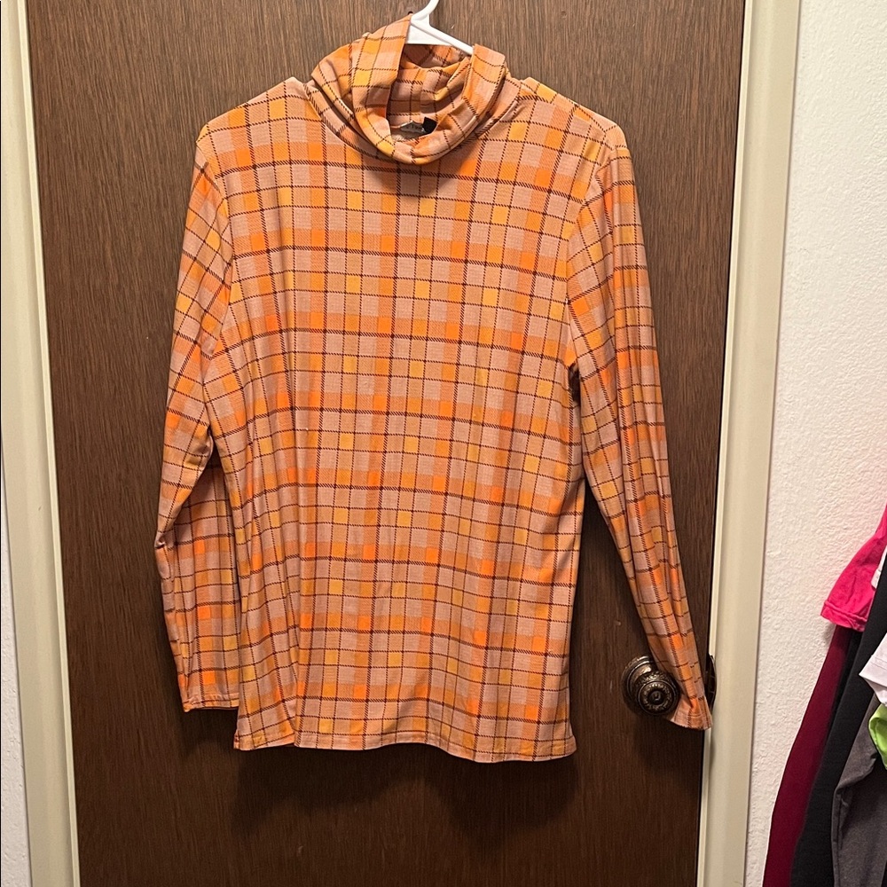 Orange Plaid Turtleneck Top